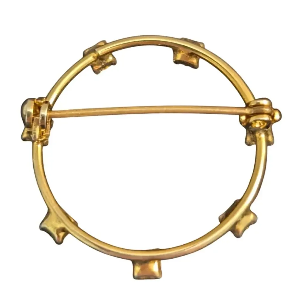Vintage Gold Tone Circle Brooch W/ Purple Colored Crystals